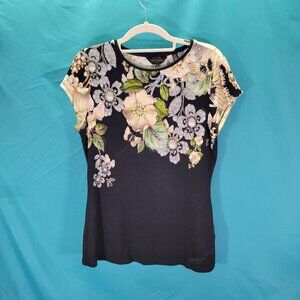 Ted Baker Floral Print Black Short Sleeve Top Size 3